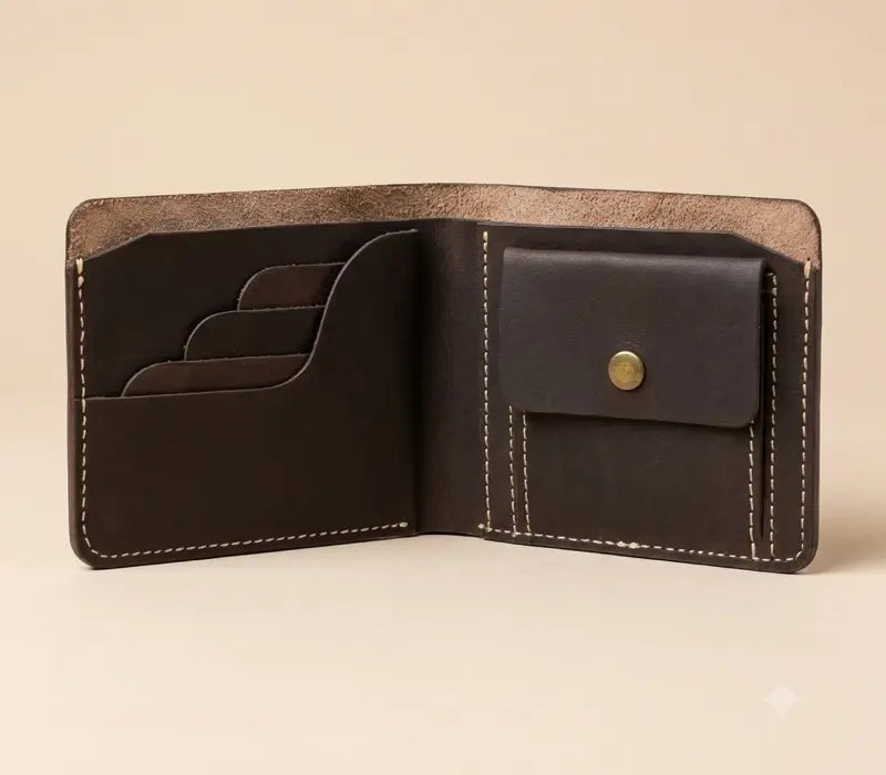 Brown leather wallet with card slots on a beige background