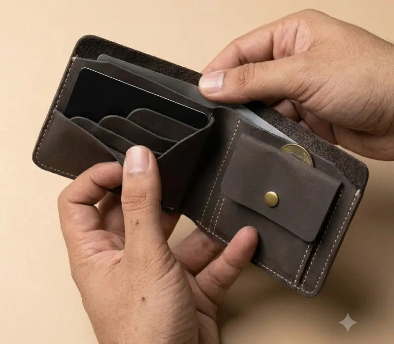 Brown leather wallet with coin pocket held open by hands on a beige background