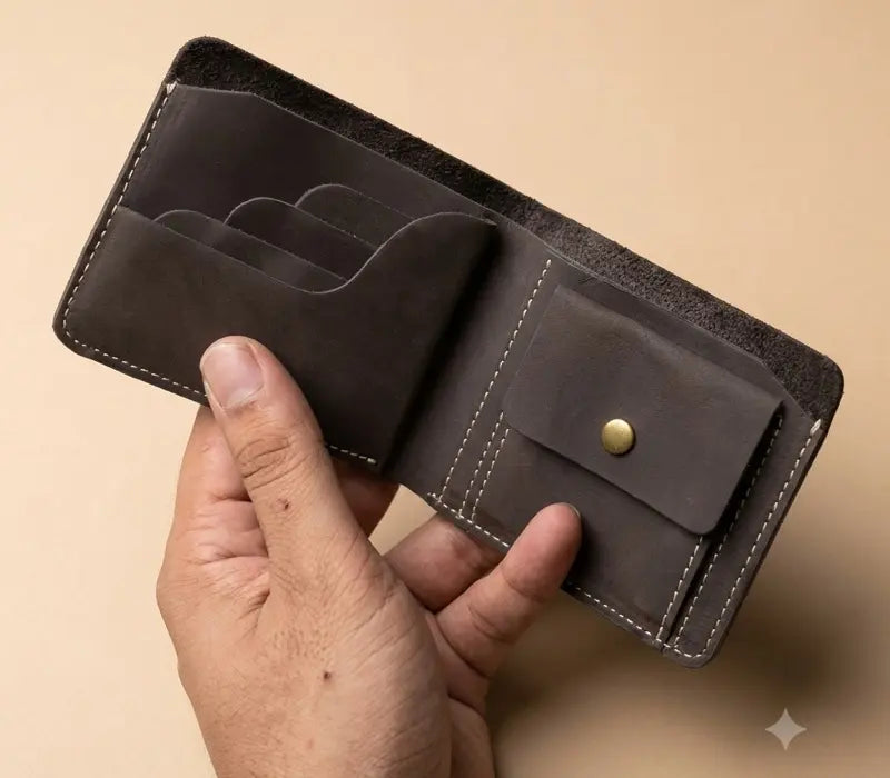 Hand holding a brown leather wallet against a beige background
