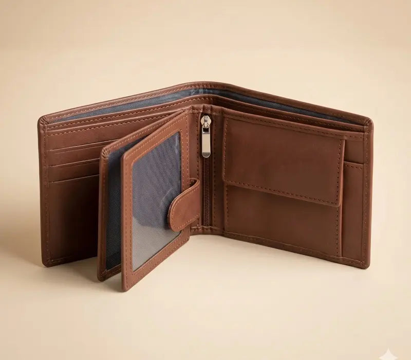 Brown leather wallet with open design on a beige background