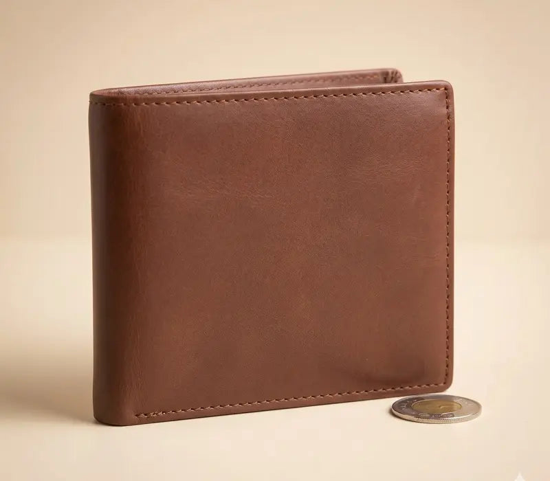 Brown leather wallet with a coin on a beige background