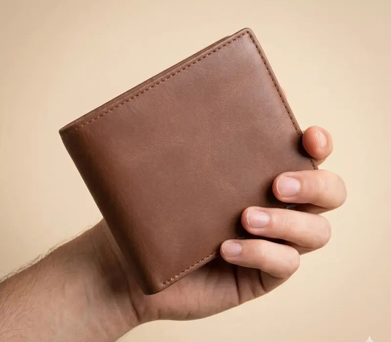 Hand holding a brown leather wallet against a beige background