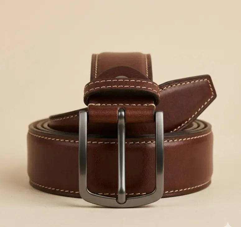 Brown leather belt with silver buckle on a beige background