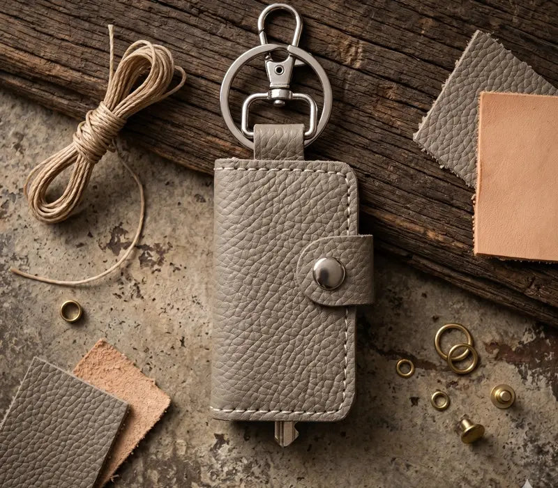Gray leather keychain with metal clasp on a rustic wooden surface with leather samples and tools.