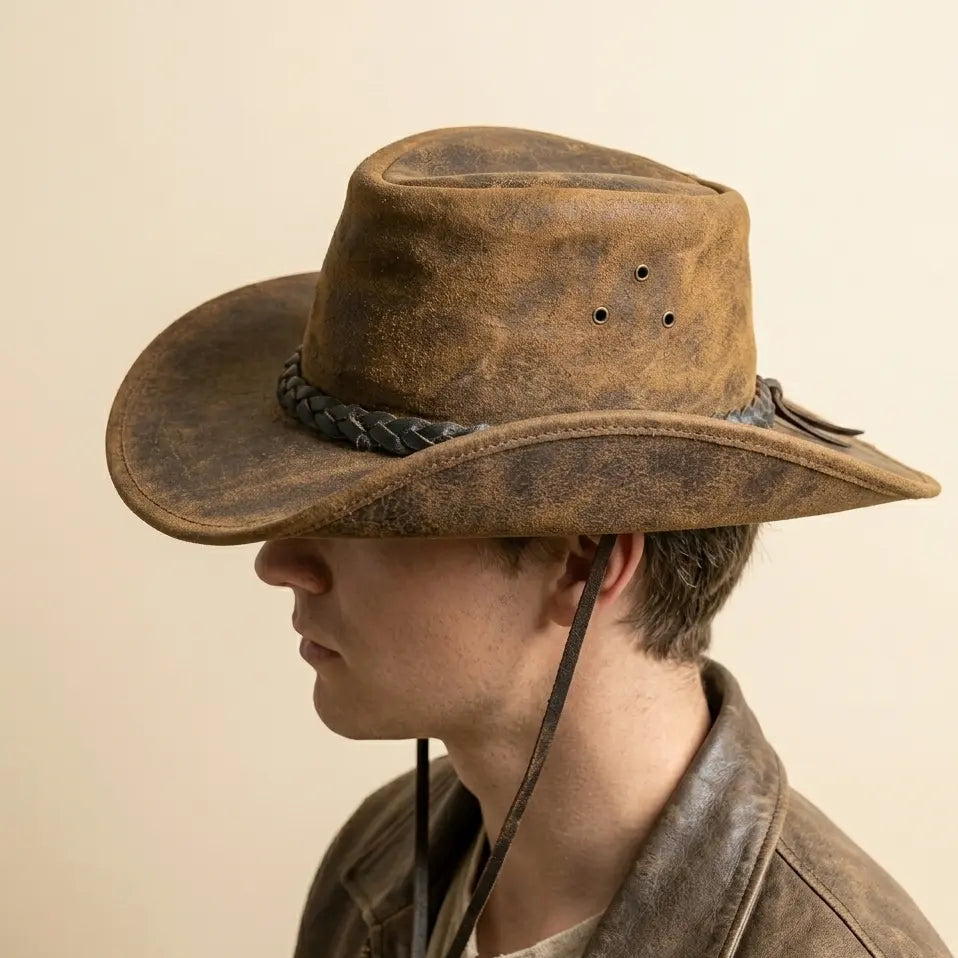 Person wearing a brown leather hat and jacket against a beige background