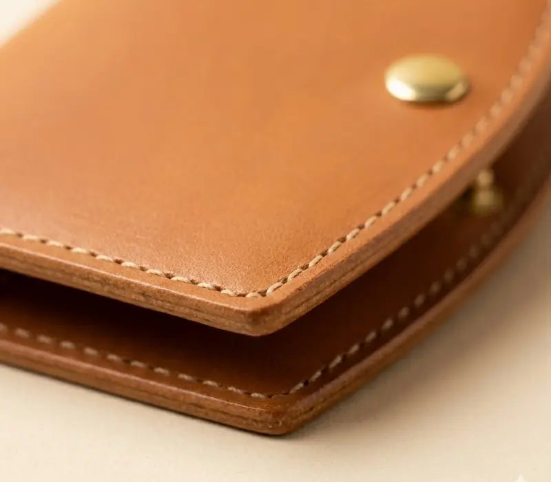 Close-up of a brown leather wallet with a gold button on a light background
