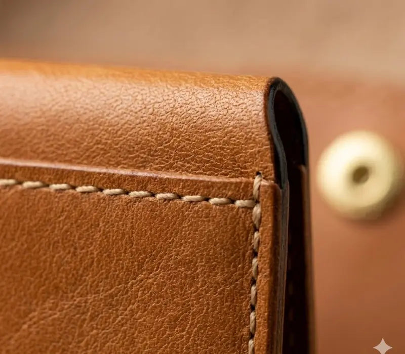 Close-up of a brown leather wallet with visible stitching