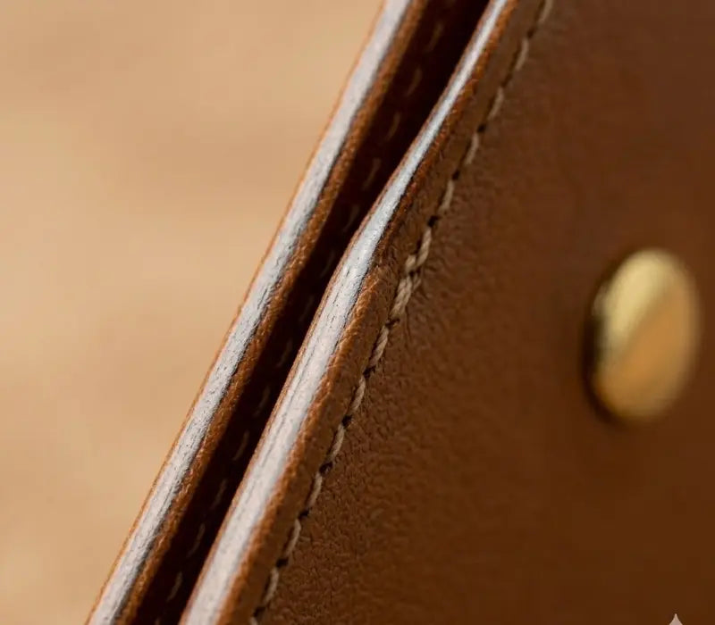 Close-up of a brown leather product with stitching detail
