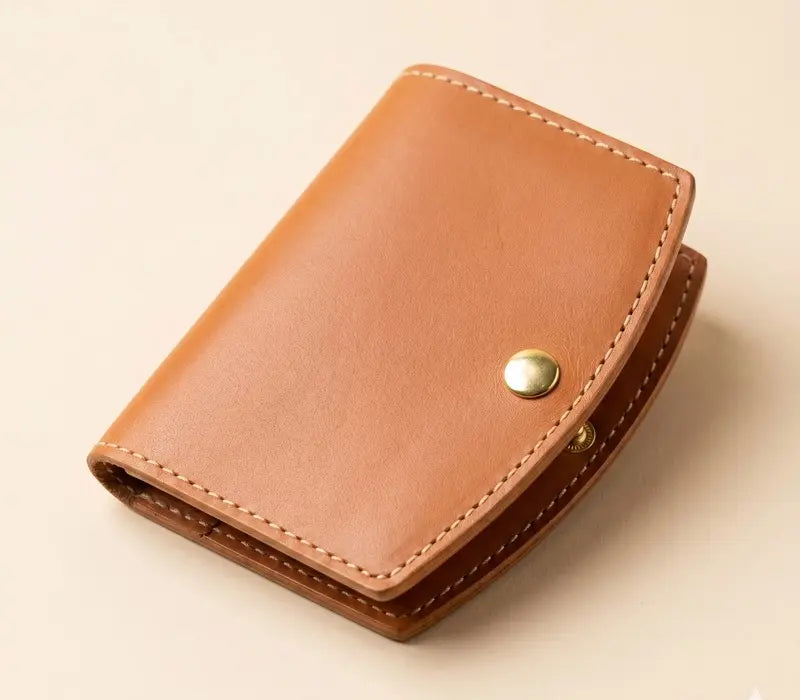 Brown leather wallet with gold button on a beige background