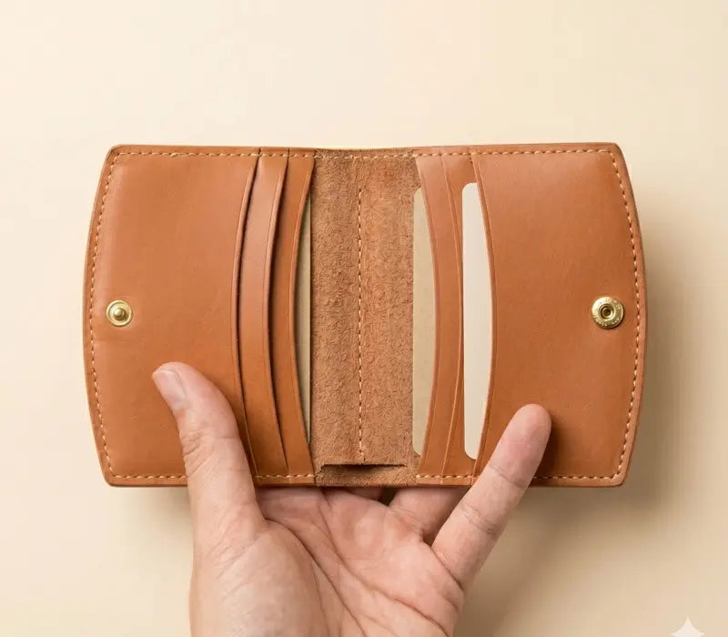 Brown leather wallet held open by a hand on a beige background