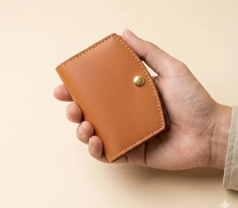 Hand holding a brown leather wallet with a gold button on a beige background