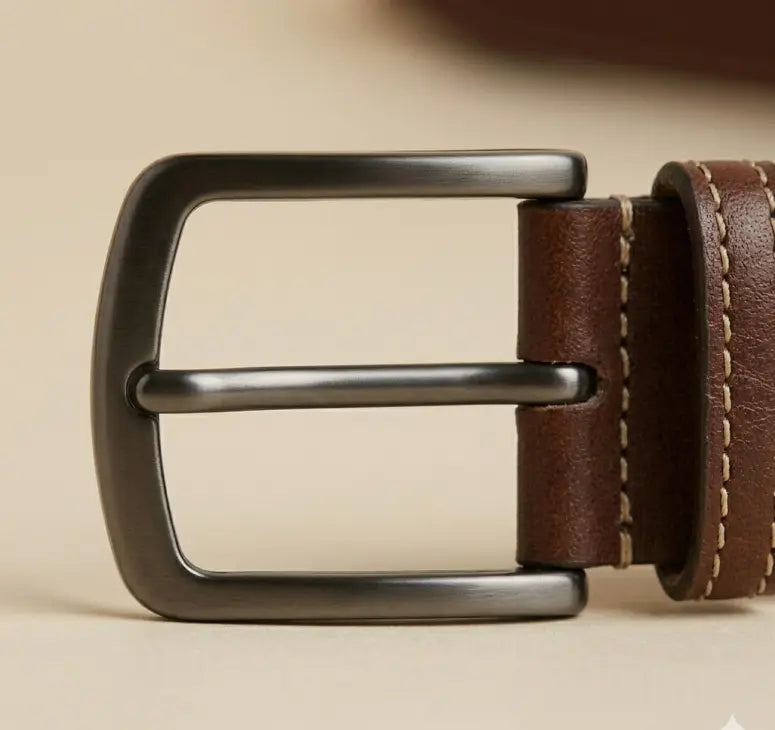 Brown leather belt with a silver buckle on a beige background