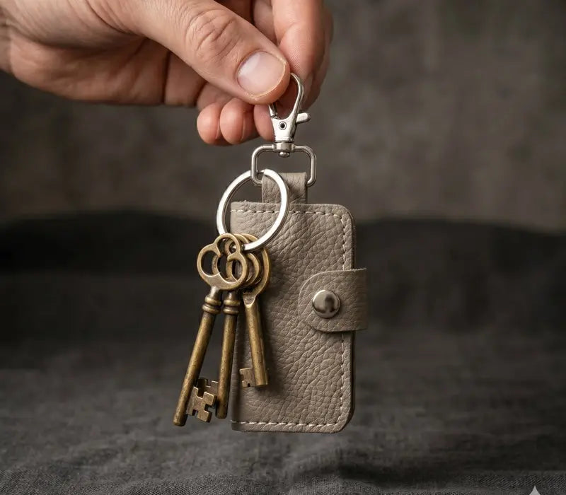 Keychain with vintage keys attached to a leather pouch held by a hand against a dark background