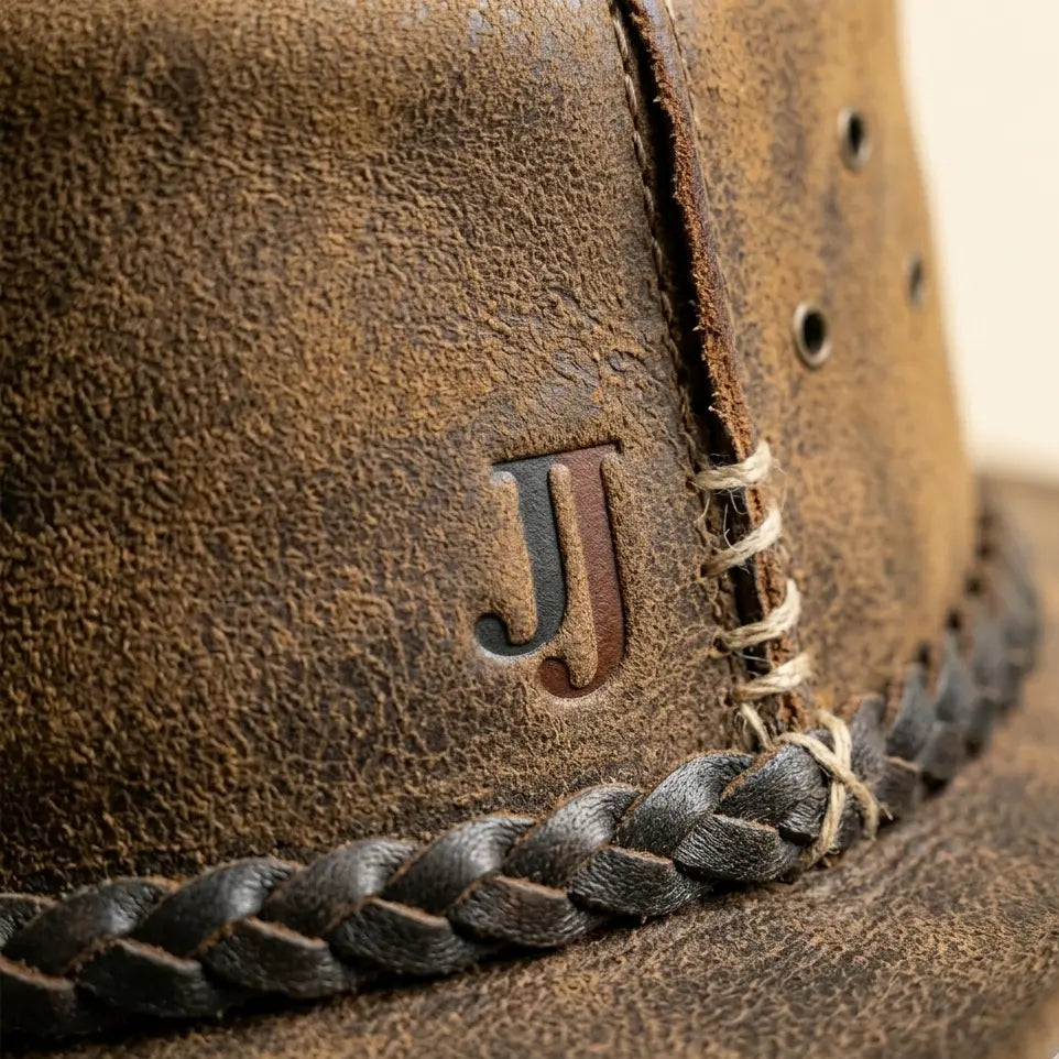 Close-up of a brown leather hat with braided edge and initials 'JJ'.