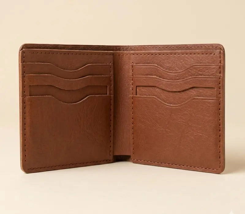Brown leather wallet open on a beige background