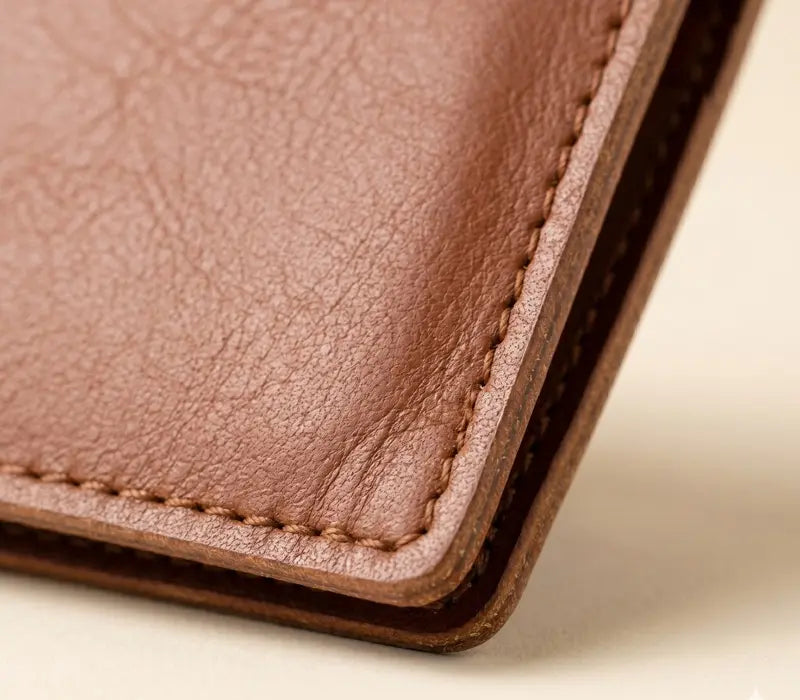 Close-up of a brown leather wallet corner on a beige background