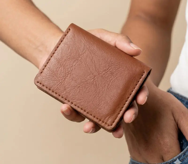 Brown leather wallet held by a person against a beige background