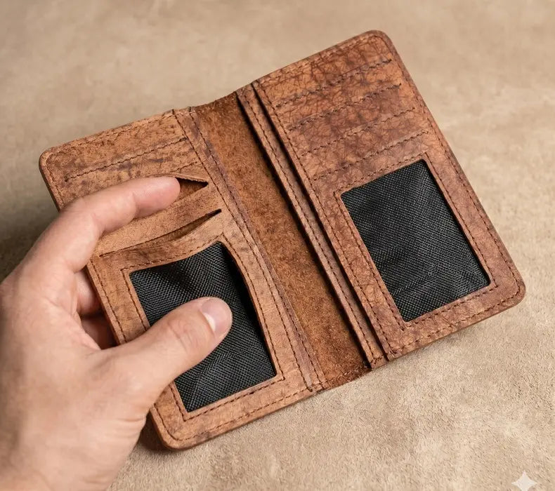 Brown leather wallet with card slots held by a hand on a beige background