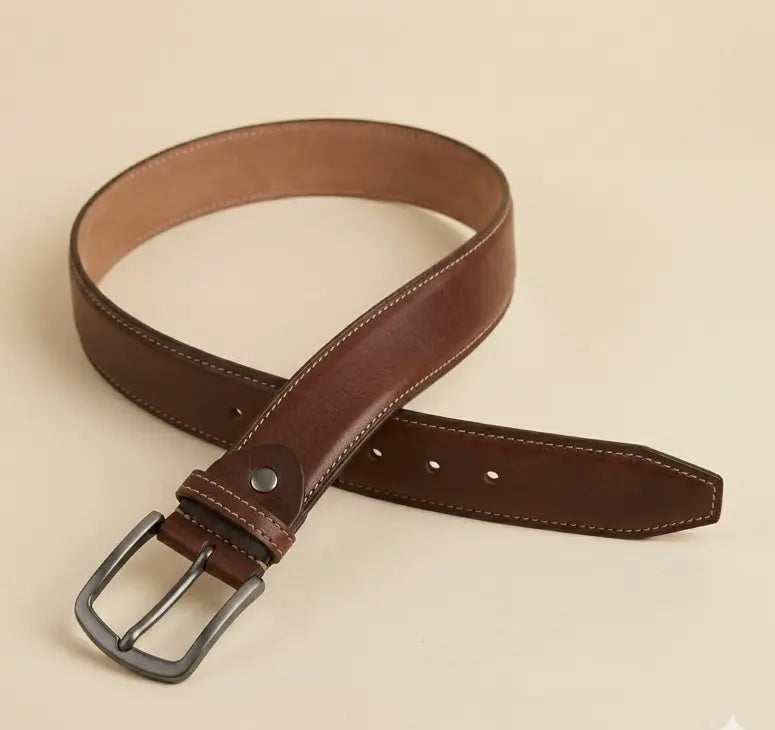 Brown leather belt with a silver buckle on a beige background