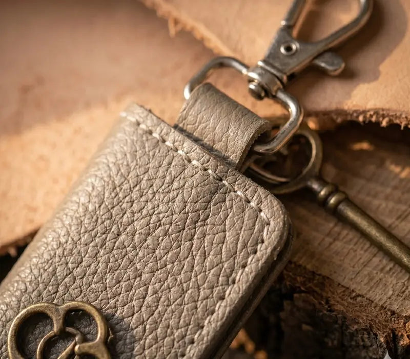 Close-up of a leather key fob with a key on a textured brown background