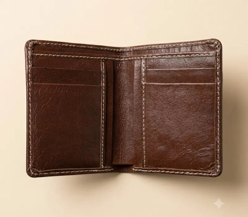 Brown leather wallet on a beige background