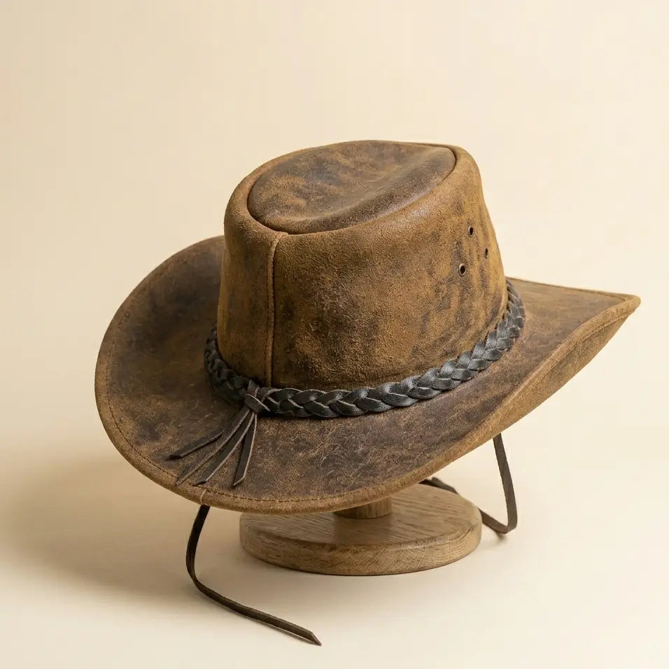 Brown leather cowboy hat with braided band on a beige background