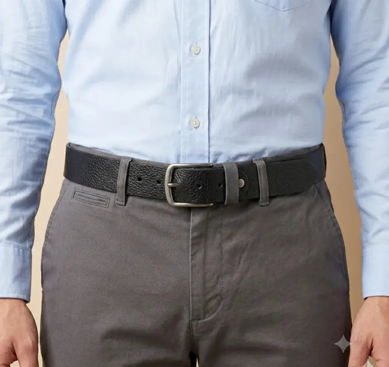 Person wearing a light blue shirt, gray pants, and a black belt with a beige background