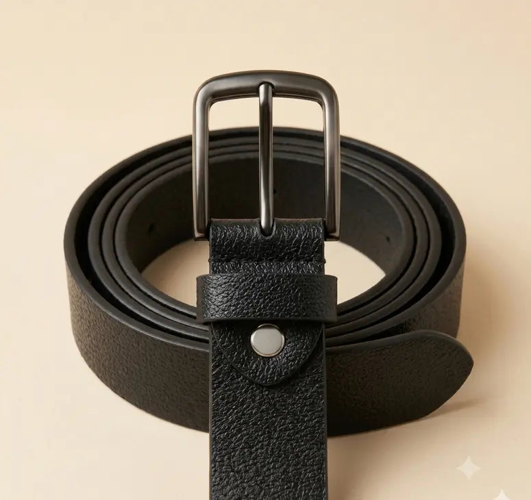 Black leather belt with a silver buckle on a beige background