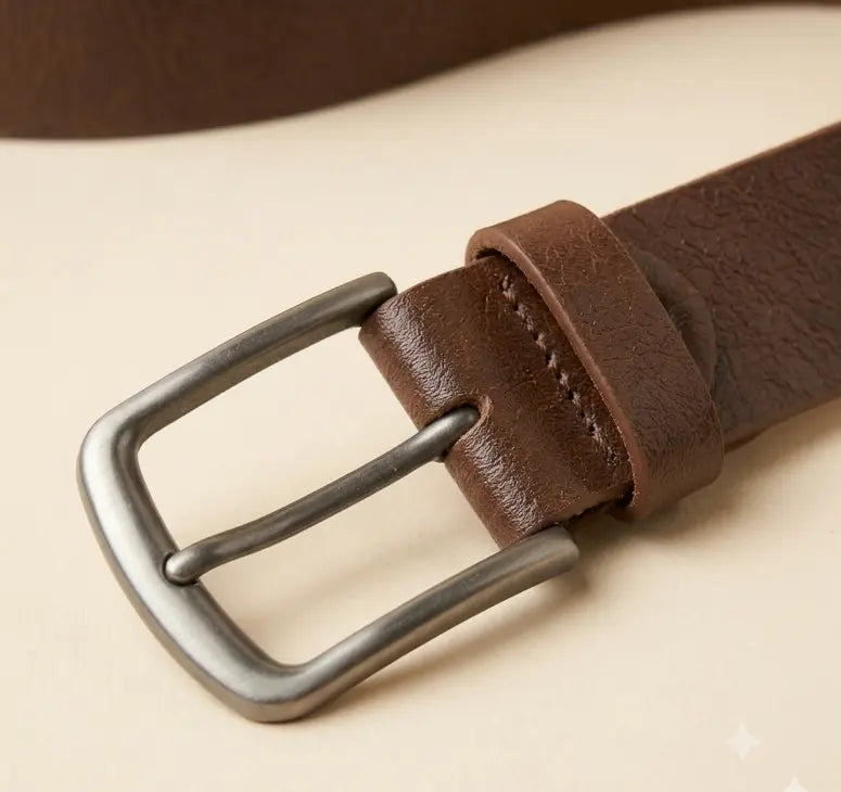 Brown leather belt with a silver buckle on a beige background