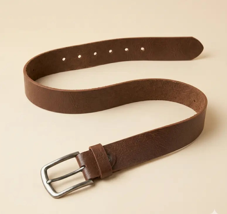 Brown leather belt with a silver buckle on a beige background