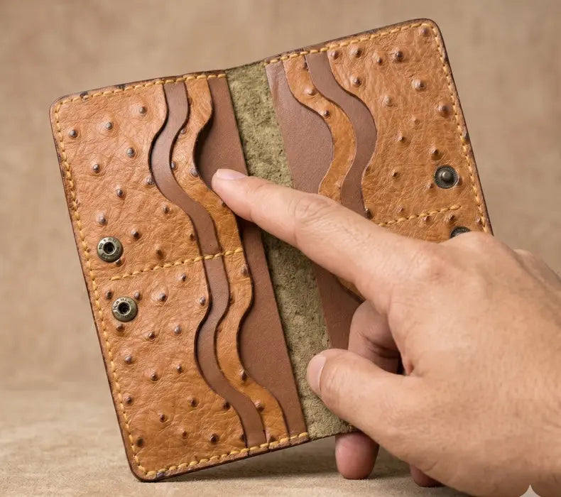 Hand holding a brown leather wallet with textured surface