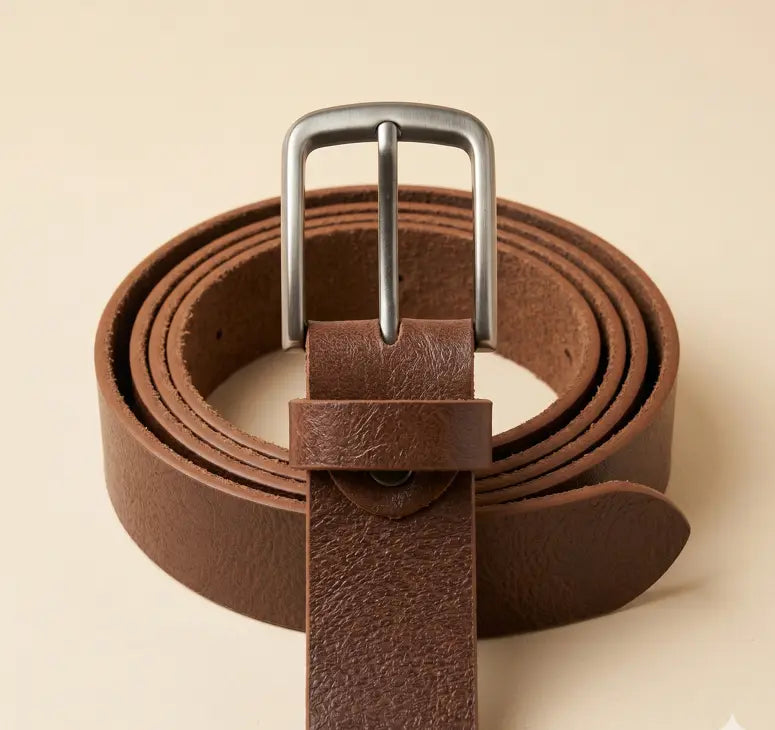 Brown leather belt with a silver buckle on a beige background