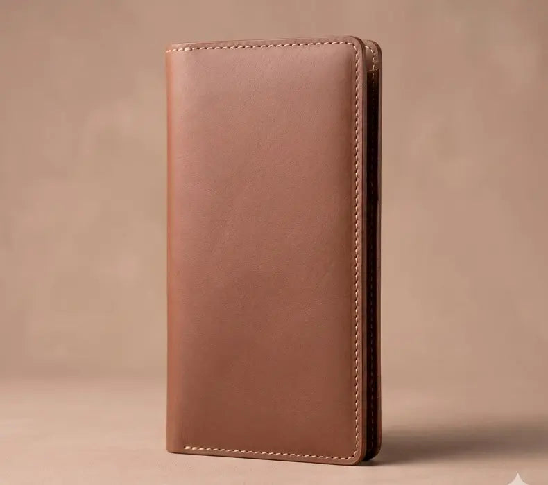 Brown leather wallet on a beige background