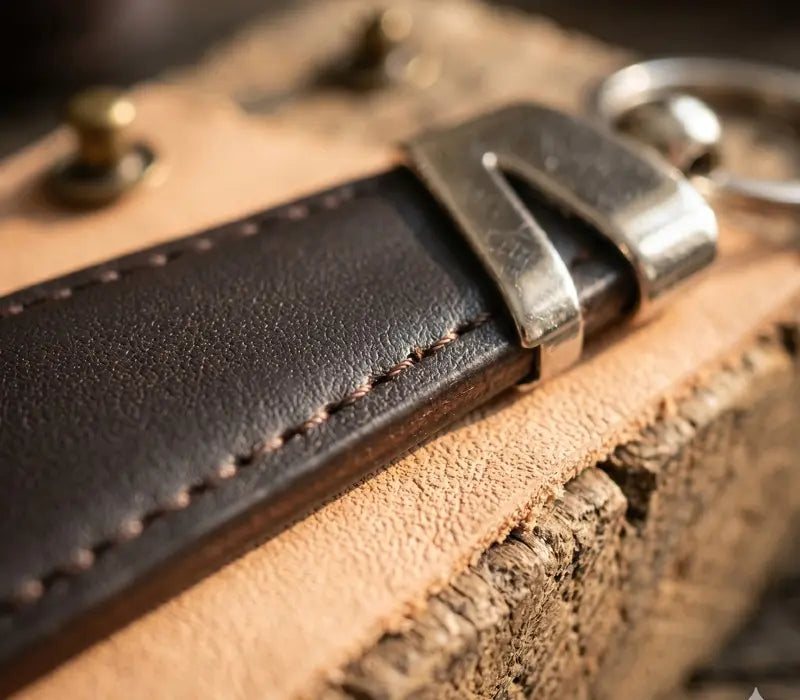 Close-up of a leather strap with metal buckle on a textured surface