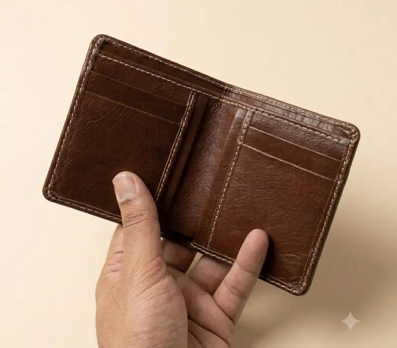 Brown leather wallet held open by a hand on a beige background
