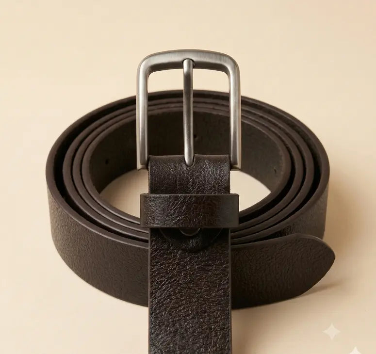 Brown leather belt with a silver buckle on a beige background