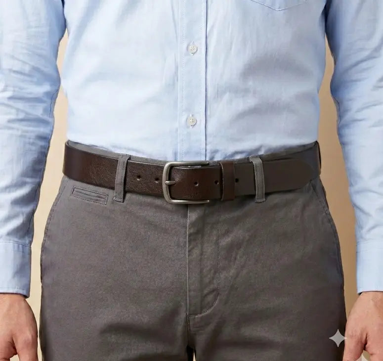 Person wearing a light blue shirt, gray pants, and a brown belt against a beige background