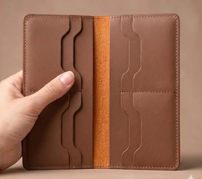 Brown leather wallet held by a hand against a beige background