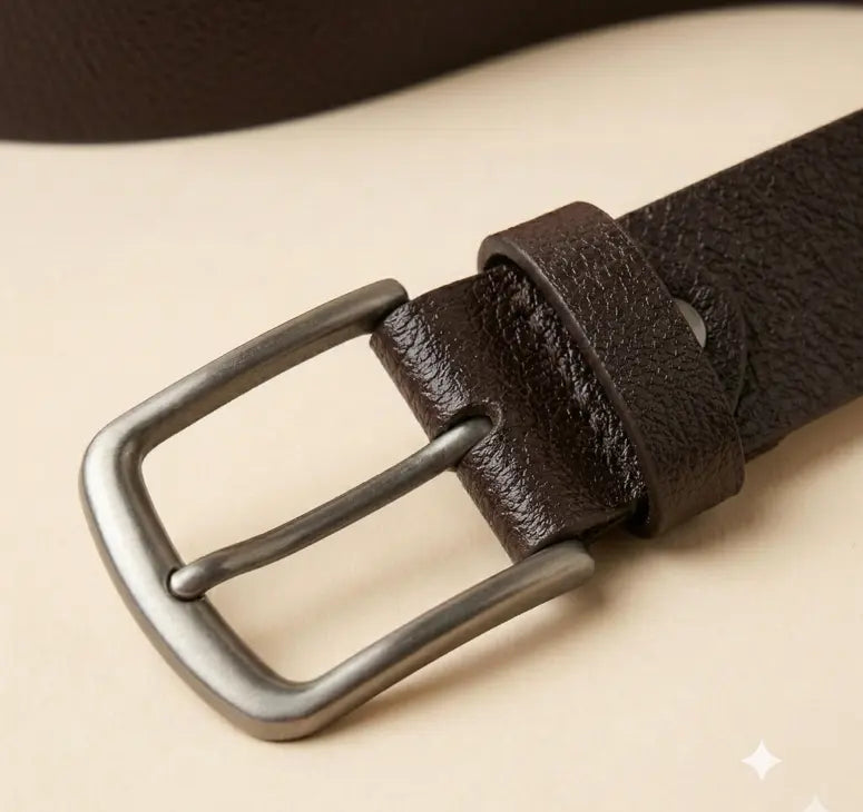 Brown leather belt with a silver buckle on a beige background