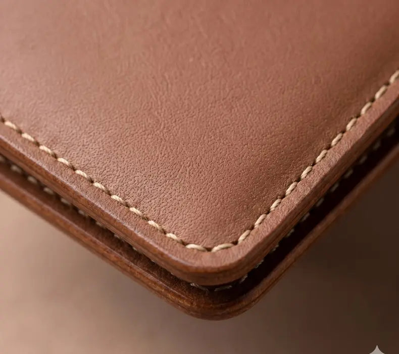 Close-up of a brown leather wallet with visible stitching