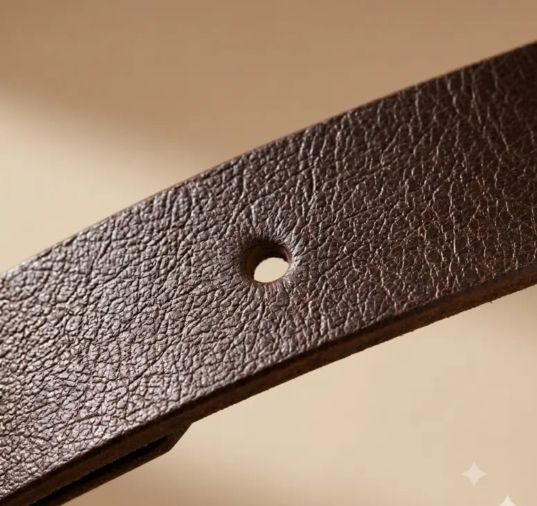 Close-up of a brown leather belt on a beige background