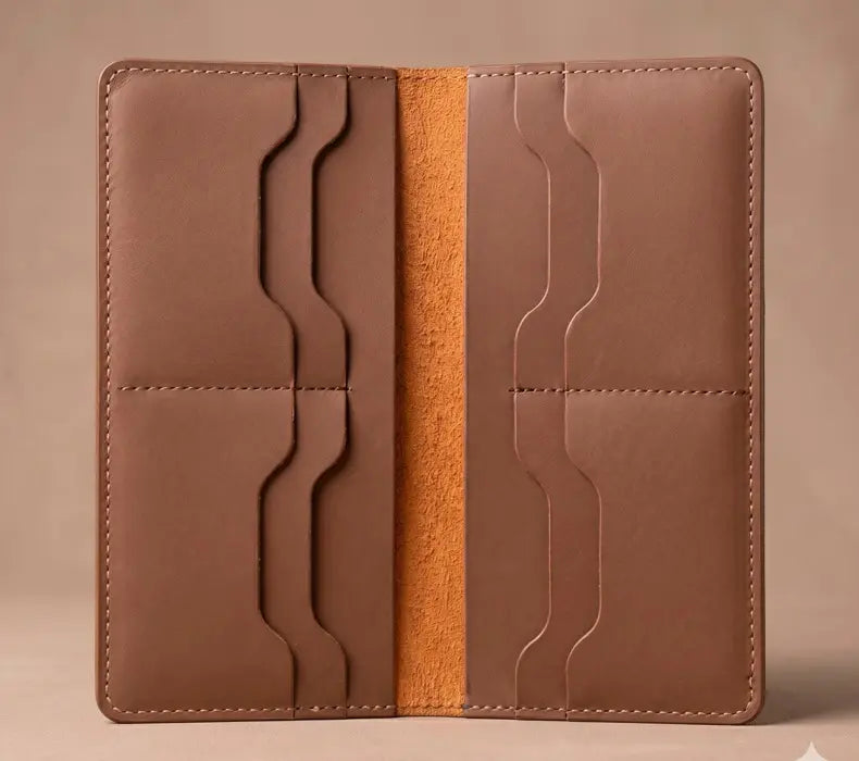 Brown leather wallet with a central orange stripe on a beige background