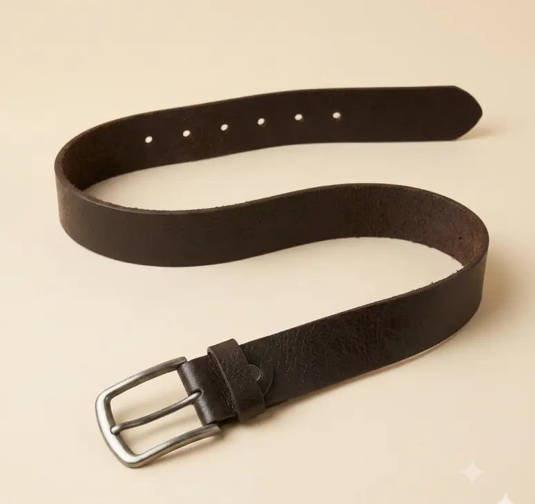 Brown leather belt with silver buckle on a beige background