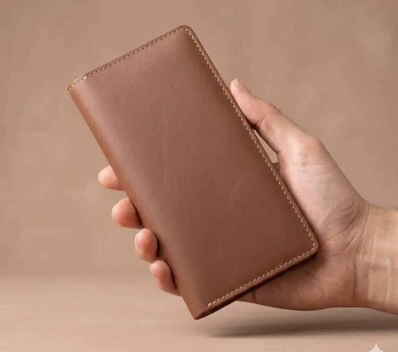 Brown leather wallet held in a hand against a beige background