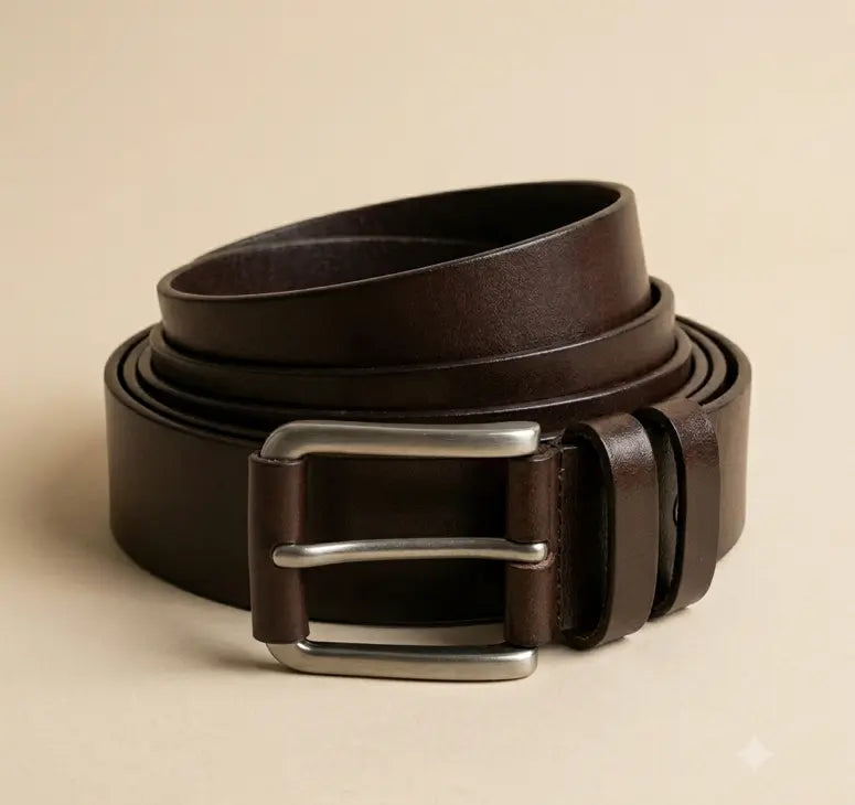 Brown leather belt with a silver buckle on a beige background
