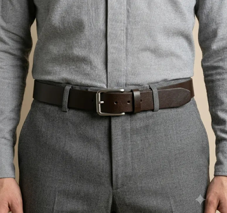 Person wearing a gray shirt, gray pants, and a brown belt with a beige background