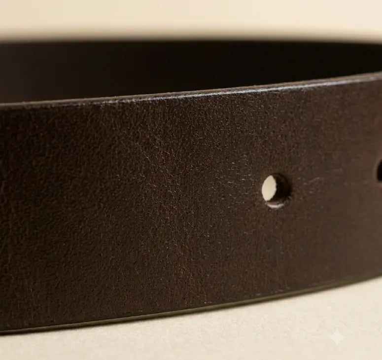 Close-up of a brown leather belt on a beige background
