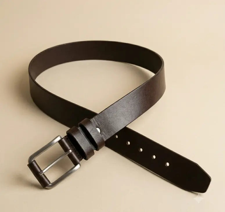 Brown leather belt with a silver buckle on a beige background