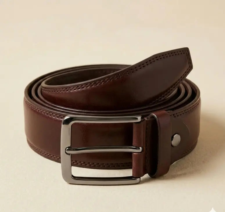 Brown leather belt with a silver buckle on a beige background
