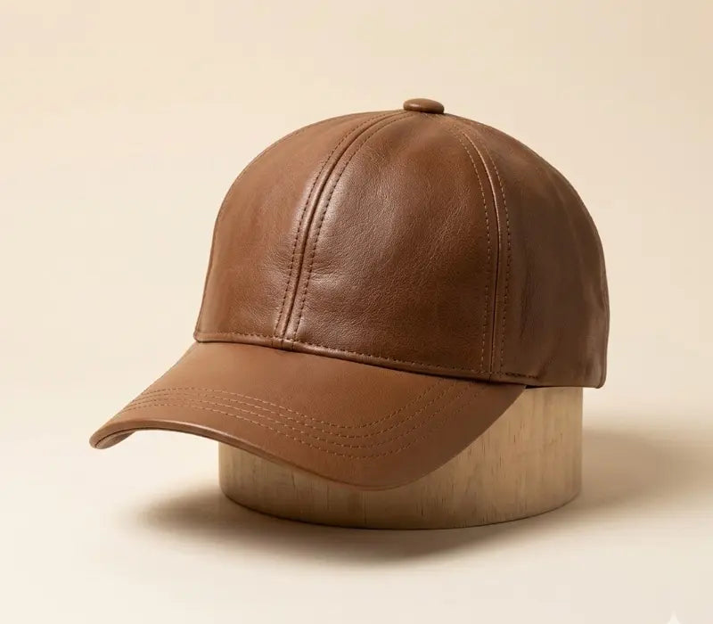 Brown leather cap on a wooden block against a beige background